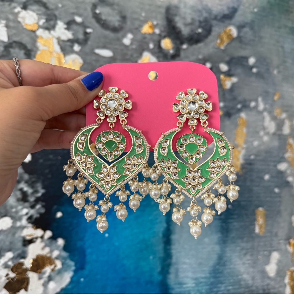 From India | Green Meenakari Earrings - Picture 1 of 4